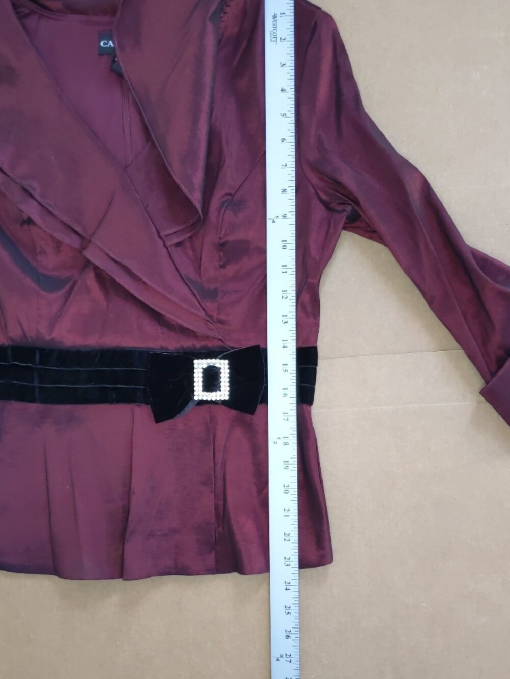 Cachet Burgundy Satin Blouse with Black Velvet Rhinestone Belt - Picture 6 of 8
